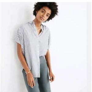 Madewell Central Shirt Blue White Vertical Stripe Short Sleeve Viscose XS